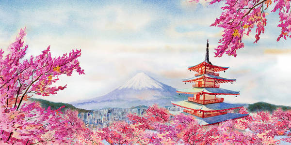 五颜六色的水彩画在日本著名的地标.