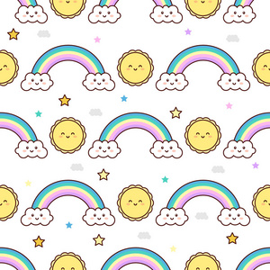 可爱的彩虹和太阳幼稚图案,卡瓦伊矢量插图,孤立在白色背景上照片