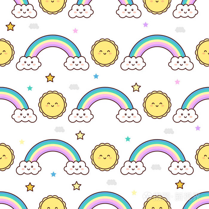 可爱的彩虹和太阳幼稚图案,卡瓦伊矢量插图,孤立在白色背景上