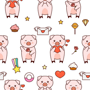 爱的猪心卡通图案，卡瓦伊矢量插图，孤立在白色背景