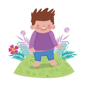 小子带着书和熊矢量插图设计可爱小胖十几岁的男孩在大街上和朋友一起