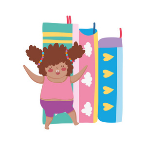 一个胖乎乎的小女孩，带着堆书矢量插图设计
