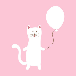 可爱的白猫拿着白色气球角色设计涂鸦卡通风格矢量插图