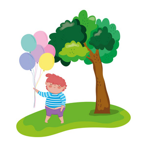 有气球氦气的胖男孩在景观矢量插图设计