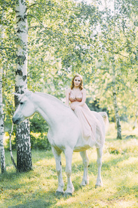 空中照片拍摄日落在森林与一匹马。 一个穿着独角兽飞行服装的女孩。