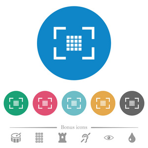 相机传感器设置平面白色图标在圆形颜色背景。 包括6个奖金图标。
