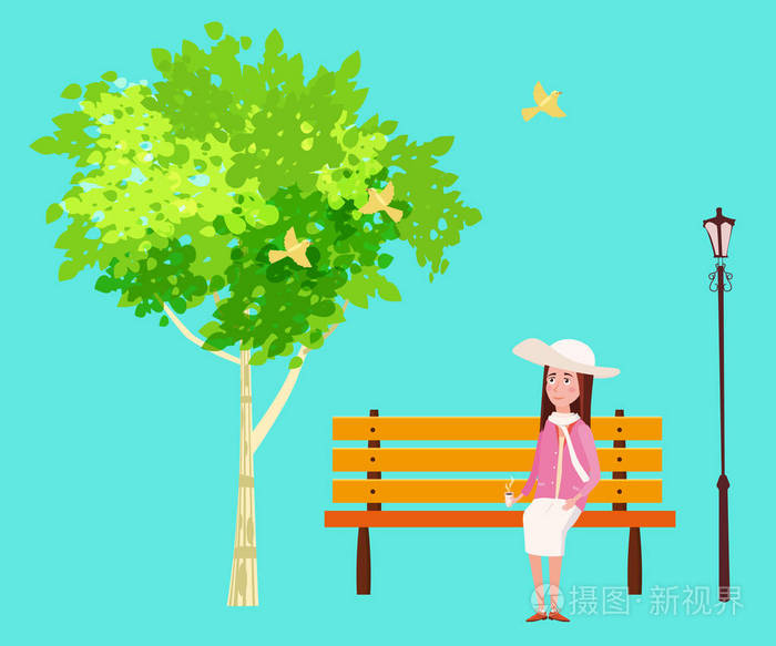 春天的心情, 公园.户外.坐在长凳上的女孩在做梦.鸟儿在歌唱.蓝天.