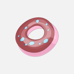 甜粉红色甜甜圈卡通图标与巧克力图标。矢量图标漫画美味的甜甜圈与孔。甜的粉红色圆形甜甜圈与粉红色装饰在灰色背景