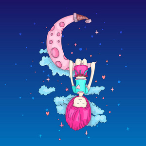 在月球上做梦的小女孩.梦想的小女孩向量动画片手画例证在蓝色照片