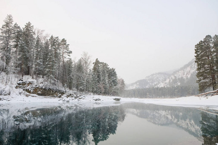 湖与冰反射雪覆盖的山。阿尔泰山的蓝湖