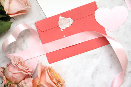 s day, envelope, ribbon, rose, heart, pink