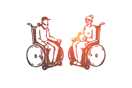 老人老人轮椅护理年龄概念。手绘的被隔绝的向量