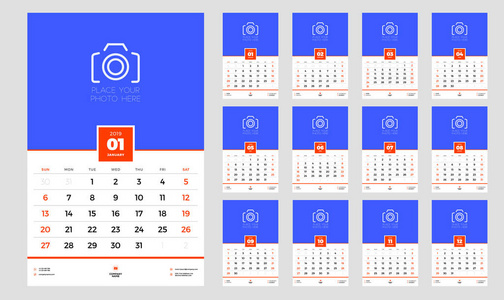 墙日历计划模板2019年。 一周从星期天开始。 矢量插图
