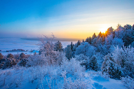 冬季景观。 冬天寒冷的晴天。 白雪覆盖的森林。