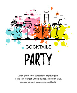 矢量插图与鸡尾酒眼镜瓶和油漆飞溅。 酒吧菜单派对酒精饮料假日传单网页海报横幅模板。