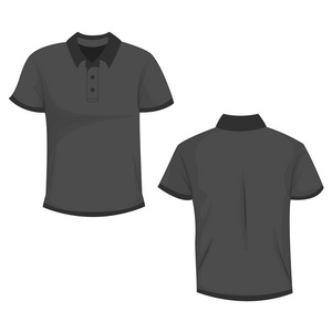 黑色深灰色马球T恤模拟前后视图隔离在白色背景。 设计马球衬衫模板和模型打印。 矢量插图eps10。
