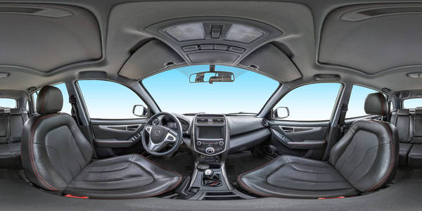 360度视角的现代汽车内饰沙龙全景。 全360度乘180度无缝等距球面全景。 VRAR内容