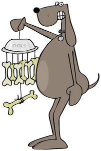 一只棕色的狗拿着一个由骨头和他的食物盘制成的风磬。