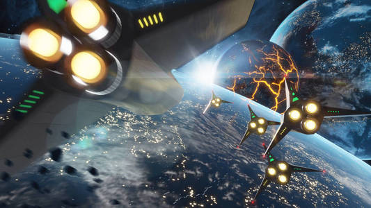 五个太空飞船飞到崩溃的星球。这幅图像由美国国家航空航天局提供的元素