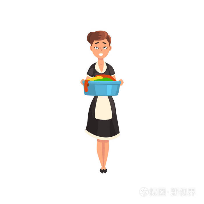 一个盆地与湿清洁亚麻布, 女佣字符穿着经典制服与黑色礼服和白色围裙