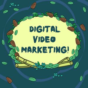 显示数字视频营销的概念手写。商业照片文本使用视频内容来宣传由不同颜色的种子叶和肉桂制成的品牌或产品花环