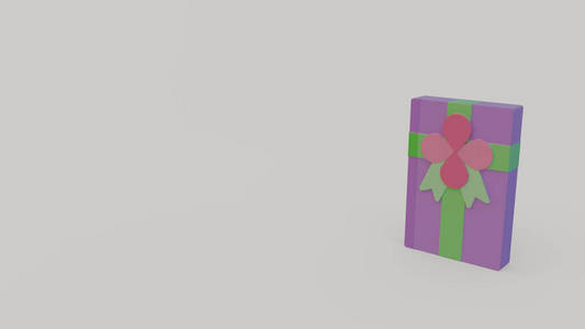 紫色礼品盒3D图标，绿色丝带隔离在灰色背景上