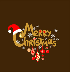圣诞祝福标签与圣诞快乐手绘金色字母圣诞老人帽子雪花和悬挂鲍布