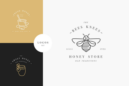 矢量设置的标识和设计模板或徽章。有机和生态蜂蜜标签和标签与蜜蜂。线性风格和金色