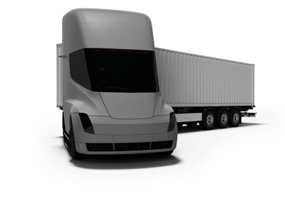 灰色电动拖拉机，灰色拖车，用于将货物运往不同国家，3D渲染白色背景，阴影。