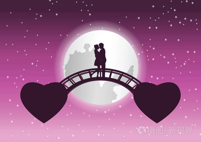 情侣拥抱在一起,亲吻在桥上,连接在飞心之间,艺术意味着爱的链接,由