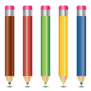 彩色铅笔与橡皮擦隔离，白色矢量插图