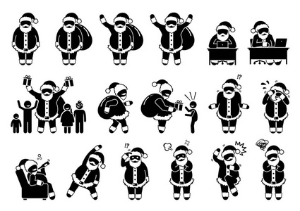 圣诞老人的基本姿势和感觉象形图。 棍子图形描绘了圣诞老人在圣诞节期间的各种姿势和情绪。 图标还包括使用计算机和给孩子礼物。