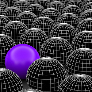 概念或概念三维插图线框黑白球体或球组与一个特殊的不同的站在人群背景之外