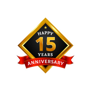 快乐15年金周年标志庆祝与钻石框架和丝带。