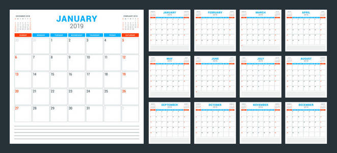 2019年日历规划师。 一周从星期天开始。 一套12个月。 印刷矢量文具设计模板