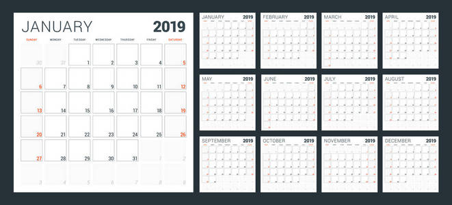 2019年日历规划师。 一周从星期天开始。 一套12个月。 印刷矢量文具设计模板