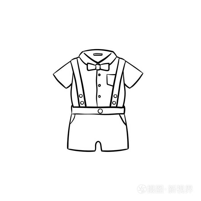 夏季婴儿衬衫和短裤服装设置手绘轮廓涂鸦图标婴儿服装矢量草图插图