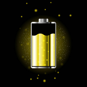 电池充电状态与照明。 电池指示电平。 手机全充电能量。 功率电平的累加器指示器图标。 孤立在黑色背景上。