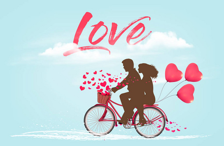 s Day background with a heart shaped ballons and a bicycle with 