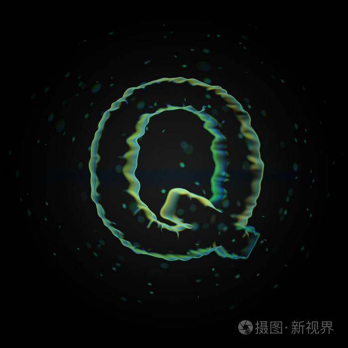 微观字母q大写3d渲染的纳米字体与黑色背景中分离的微小粒子