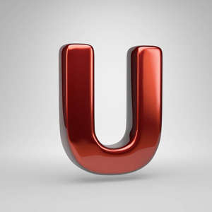 三维字母u大写。 白色背景中分离出的红色有光泽的金属字母