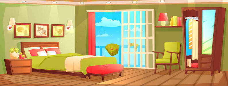 卧室内有床, 床头柜, 衣柜, 窗户和植物
