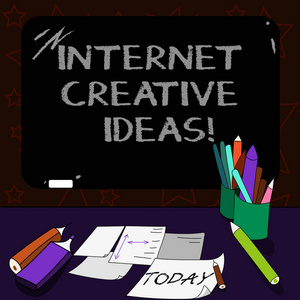 显示互联网创意的写作笔记。商业照片展示了制作新事物或思考新想法的能力安装在黑板上, 桌子上有粉笔书写工具表