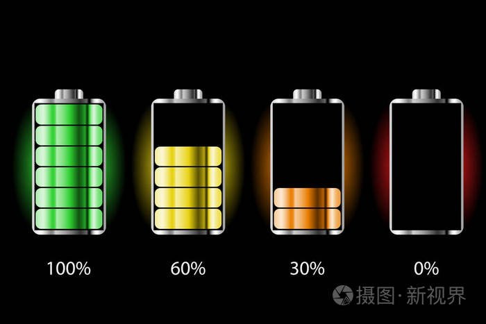 电池充电状态与照明低能量和高能量水平的电池指示器手机全充电能量
