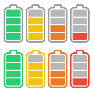 低能量和高能量水平的电池充电指标。 手机全充电能量。 蓄能器指示器图标的功率水平与平面设计。 孤立在白色背景上。