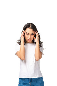 亚洲妇女头痛，头部被孤立