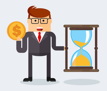 商人与沙漏。时间管理。时间就是金钱。管理时间资源