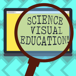 显示科学视觉教育的文字符号。概念照片使用信息图了解的想法和概念放大玻璃放大平板电脑空白彩色屏幕照片文本空间