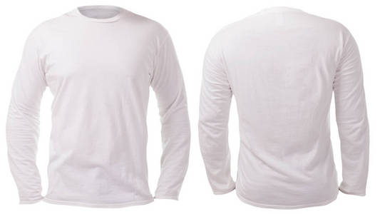 空白长袖衬衫模拟模板，前后视图，孤立在白色，普通的t恤模型上。潮衫运动衫设计展示打印。