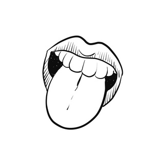 张开嘴与女性嘴唇和舌头伸出特写镜头矢量图标隔离在白色背景。面部表情概念卡通插图